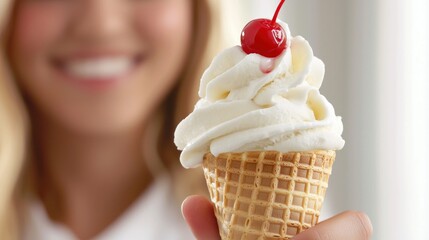 5. A smiling person holding a scoop of ice cream in a cone, with whipped cream and a cherry on top.
