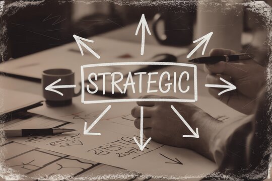 Team planning meeting with 'Strategic' concept on a board and creative ideas flow.