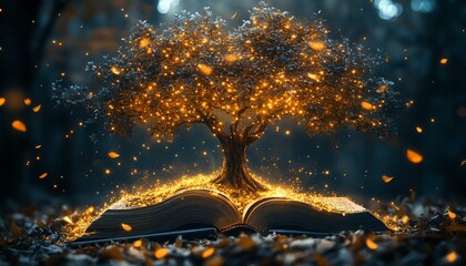 Tree emerging from an old, enchanted book, with sparkling magic lights surrounding the branches, creating a surreal and glowing scene of natures magic