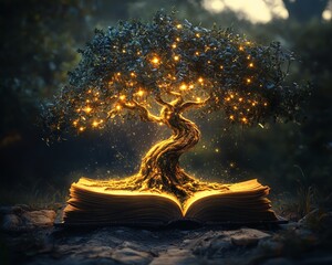 Obraz premium Tree growing from an ancient book, glowing with sparkling, magical lights, set in a dark, enchanting forest, symbolizing the magic of knowledge