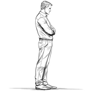 recommend clip art: Pen sketch of man standing, arms crossed.