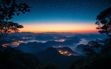 Naklejka premium A breathtaking view of Brazil s land area at night, with the silhouette of the Amazon rainforest and distant lights illuminating the horizon