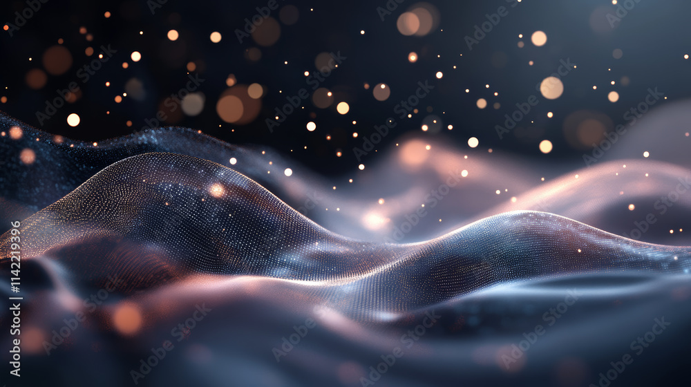 Poster fluid movement of shimmering particles creates a mesmerizing visual display in a dark environment