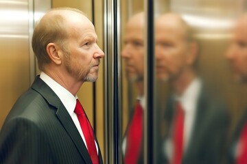 A man in a business suit exiting an elevator, looking to the side, creating an impression of determination, sleek office building setting, artificial bright lighting.