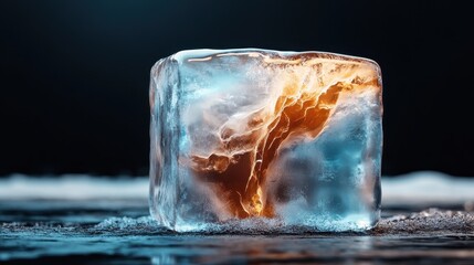 An ice cube with an intriguing fiery core rests on a dark surface, blending elements of heat and cold, symbolizing contrast and paradox within nature's palette.