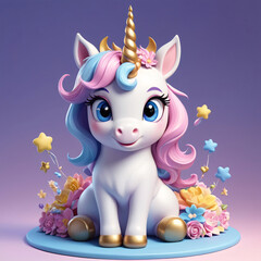 Dreamy Unicorn Birthday: Cute Fantasy Scene with Flowers and Pastel Cake