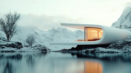 A strikingly futuristic house cantilevers over a tranquil, reflective lake, surrounded by snow-capped peaks, blending minimalistic design with a serene natural environment.