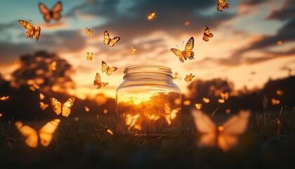A jar on a lawn surrounded by delicate, glowing butterflies flying freely into the sky, symbolizing the enchanting power of freedom