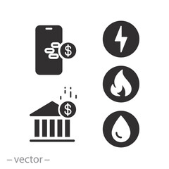 invoice pay for gas electricity and water, online utility bills payment icon, save budget, set flat vector illustration