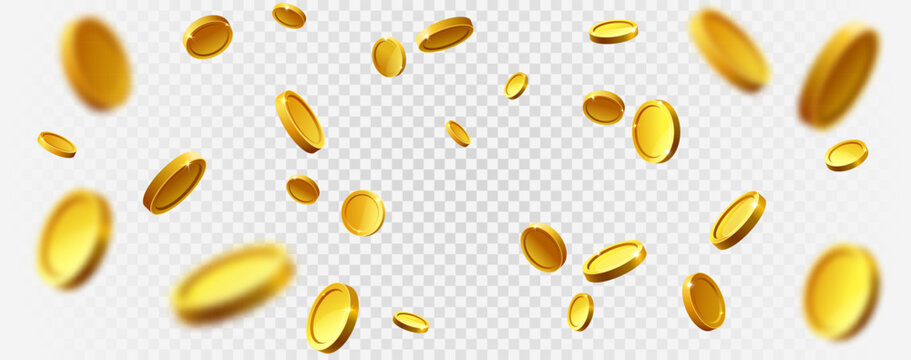 Realistic gold coin. Explosion of gold coins