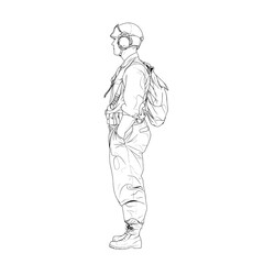Obraz premium Side profile line drawing of a soldier with backpack and helmet.