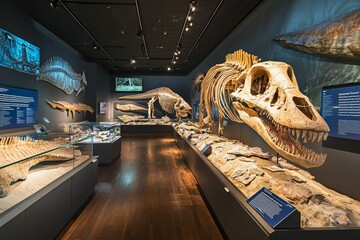 Museum hall displays ancient skeletons.