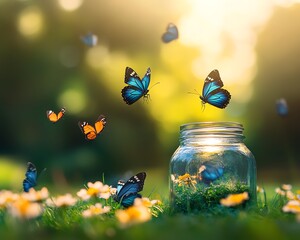 A serene lawn with an open jar and ethereal butterflies flying out, capturing the essence of liberation, magic, and newfound freedom