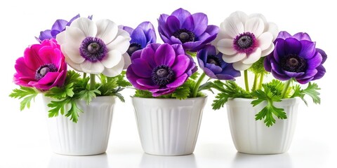 Purple and white anemones, elegantly arranged in white pots, against a stark white background.