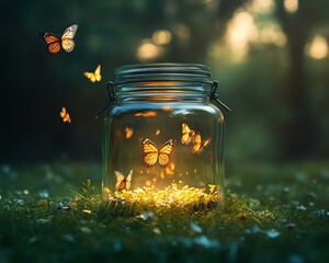 A serene lawn with an open jar and ethereal butterflies flying out, capturing the essence of liberation, magic, and newfound freedom