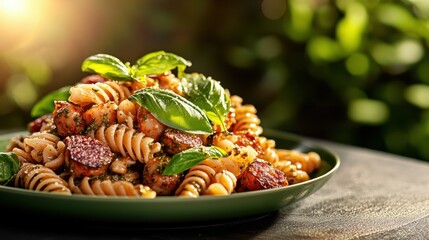 A vibrant plate of nutritious rotini pasta featuring juicy tomatoes and fresh basil leaves, embodying a wholesome and flavorful dining experience outdoors.