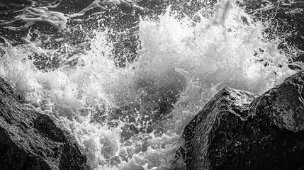 Obraz premium Dramatic black and white ocean wave crashing against rugged rocks in a powerful seaside landscape