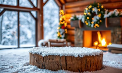 Cozy Winter Cabin Fireplace: A rustic wooden stump covered in fresh snow sits in front of a roaring fireplace in a cozy cabin, perfect for showcasing your winter products or holiday decor. 