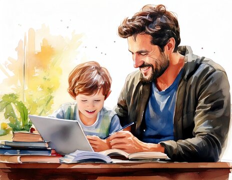 Home schooling father with child artwork watercolor design