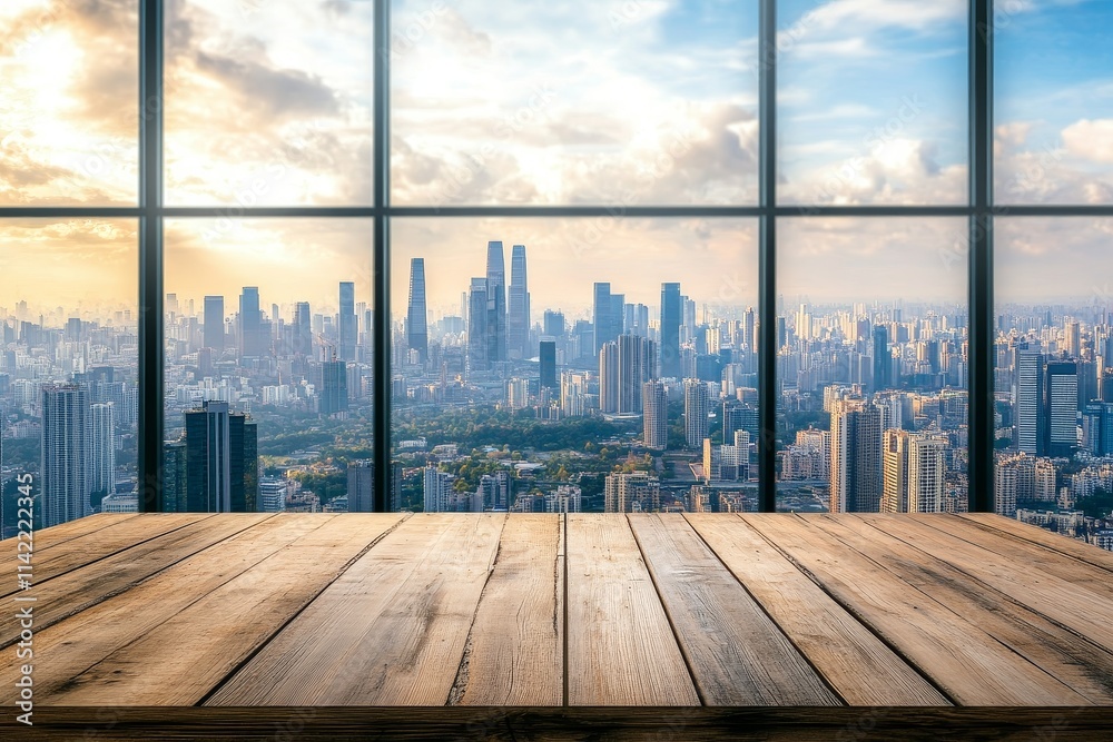 Poster Wooden table with cityscape view through large window.