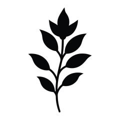 black and white silhouette, botanical illustration, stylized plant stem, simple leaves.