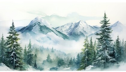 Watercolor illustration a breathtaking snowy mountain landscape, where majestic peaks, against the winter sky. The mountains, slopes, evergreen trees, picturesque blend of white and green.