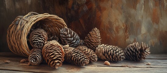 Elegant pine cones scattered artistically on a rustic wooden table with a woven basket, embodying the essence of autumn decor and nature's beauty