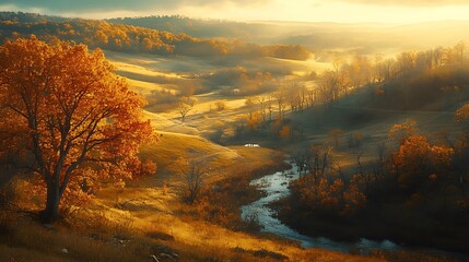 Autumnal Valley Landscape with Golden Trees and Stream
