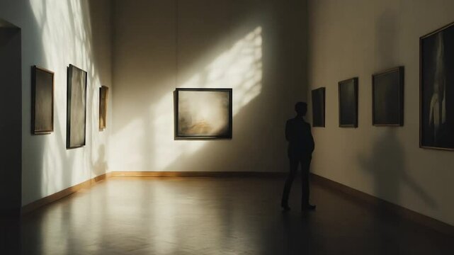 A lone man stands in a peaceful art gallery, observing a painting illuminated by natural light, creating a contemplative and serene atmosphere.