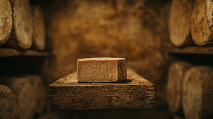 Block of Cheese on Wooden Shelf in Rustic Storage Space