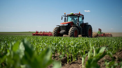 Fototapeta premium Tractor plowing a field of green crops under a clear blue sky in rural countryside