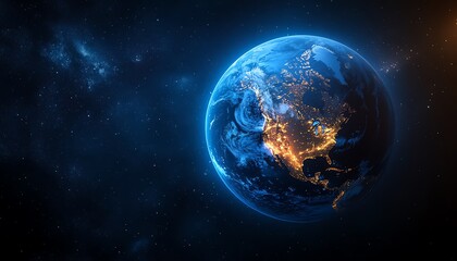 Fototapeta premium Blue Earth globe isolated in space, with the USA continent glowing in deep blue, capturing the world s focus on the United States