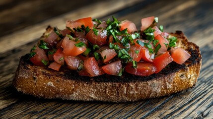 A slice of rustic Italian bruschetta topped generously with fresh diced tomatoes and aromatic basil leaves, offering a classic and refreshing appetizer experience.
