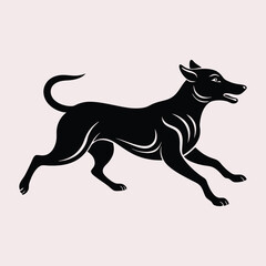 Black silhouette, stylized dog, running pose, sleek lines, dynamic movement, side view.