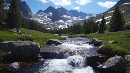Majestic mountain stream cascading through lush greenery with snow-capped peaks under a bright spring sky