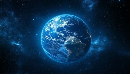 Obraz premium Blue Earth globe isolated in space, with the USA continent glowing in deep blue, capturing the world s focus on the United States