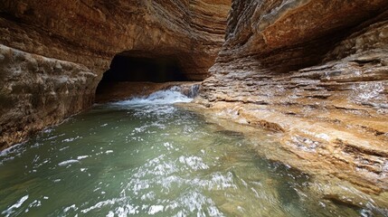 Serene water flowing through ancient slot canyon with textured rock walls shaped by natural erosion over centuries