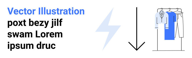 Arrow pointing down next to lightning bolt and text block. Clothing rack with various garments in blue and grey. Ideal for organizing, storage solutions, fashion tips, bedroom decor, minimalism