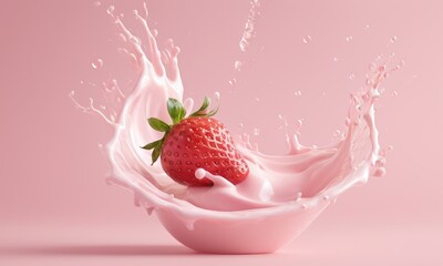 Strawberry Splash: A vibrant strawberry bursts through a wave of pink milk, creating a captivating visual. The splash is a symphony of creamy white and delicate pink.