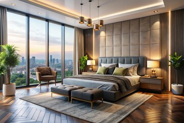 Fototapeta premium 3D Modern Luxury Bedroom Design: Rule of Thirds Interior Visualization