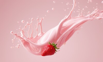 Strawberry Splash: A vibrant strawberry nestled in a dynamic splash of pink milk, creating a captivating image of freshness and flavor.