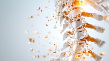 Artistic representation of vertebrae connected by glossy golden structures, capturing intricate design elements and playing with light and thematic reflections.