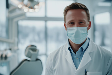 Photo of International Dentist Day celebrated on February 9, close-up portrait of a smiling dentist wearing a white lab coat and face mask, standing confidently in a modern dental clinic, dental chair