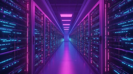 Obraz premium Neon-Lit Server Room: A Digital Heartbeat