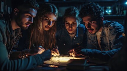 Obraz premium A group of friends working together, solving puzzles in a dark and mysterious escape room