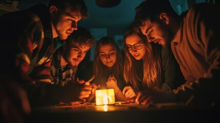 A group of friends working together, solving puzzles in a dark and mysterious escape room