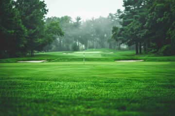 Obraz premium Professional golf field with clear blue sky and smooth, manicured grass