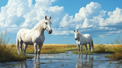 Majestic white and light brown horses in serene swamp landscape under summer blue sky filled with fluffy clouds and vibrant greenery.