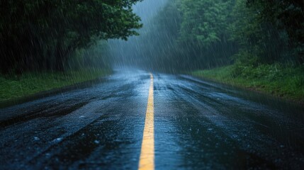 Wet road at night with rain falling in soft focus creating a moody atmospheric background with lush greenery alongside the street.