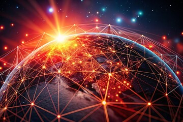 Global Network Silhouette: Red Glowing Globe Data Flow Communication